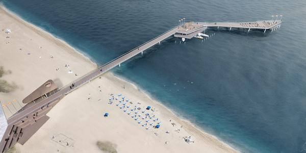 Der Architektenentwurf zeigt, wie Haffkrugs neue Seebrücke einmal aussehen soll – wenn sie fertig ist. Visualisierung: SWUP GmbH Berlin/Gemeinde Scharbeutz
