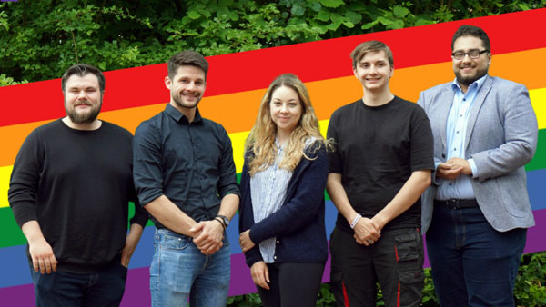 Der Vorstand der Jusos Lübeck Adrian Graaf, Markus Ameln, Tanja  Hausdorf, Patrick Hahn und Tarek Kayser ruft zur Teilnahme am CSD in Wismar auf. Foto: Jusos